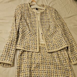 Cream and Navy Tweed Two-Piece Jacket & Skirt Set